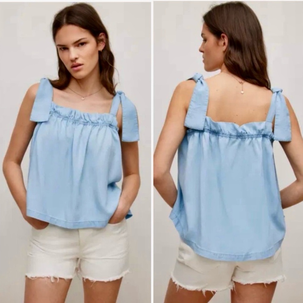 NWT ALLSAINTS ruched ruffle square neck Flo Tencel Chambray sleeveless top